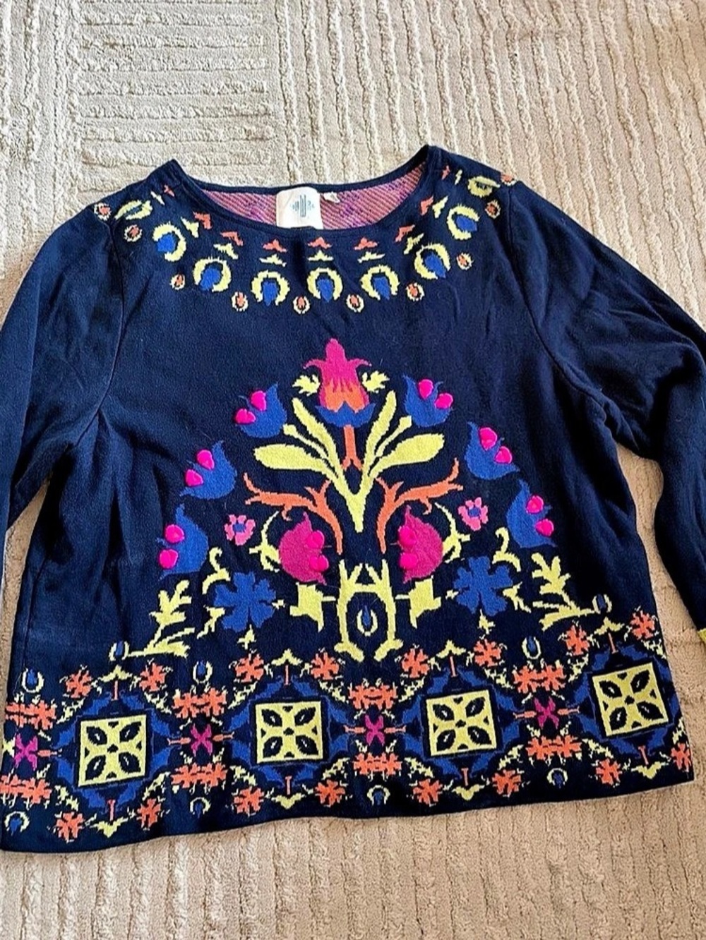 Anthropologie Embroidered Floral Sweater in Blue Size Medium